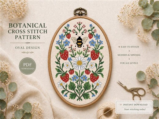Botanical Oval Cross Stitch Pattern PDF, Wildflower Wreath Embroidery Design, Floral Frame for Wedding Sampler, Modern Greenery Pattern - Etsy