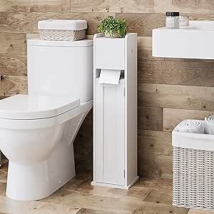 Wooden Toilet Paper Storage Holder and Stand - Adjustable for Any Size Paper Roll Or Tissue Box. Narrow/Slim Bathroom Storage Cabinet to Fit Any Space.