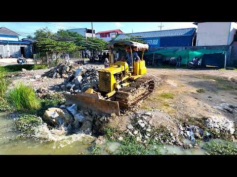 First Start a New Project! Landfill on Flooded Pond, Dozer D20P Pushing Stone Into Water with Trucks
