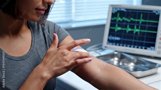 Woman applies medical sensor patch to arm. Patient adjusts sensor patch on arm skin. Medical sensor monitors health data. Woman uses arm patch near medical monitor. Smart sensor tracks patient health.