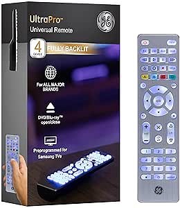 GE Backlit Buttons Universal Remote Control, Samsung TV Remote Control Replacement, Samsung Remote Control for Smart ΤV, Roku Remote Replacement, Vizio, LG ΤV, Sony, Apple TV, 4-Device, Silver, 48844