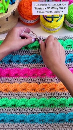 Naztazia on Instagram: "The Crochet 3D Wavy Shell Stitch uses the Wavy Shell Edging pattern and then adds a few rows of double crochet stitches in between the layers of textured shells. #crochet #knittinginspiration #shells #3d #colorful #artoftheday #tutorial #howto #yarn #naztazia #reels"