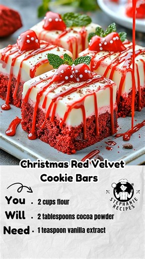 Christmas Red Velvet Cookie Bars Ingredients 2 cups flour 1 cup sugar 1 cup softened butter 2 tablespoons cocoa powder 1 teaspoon vanilla extract Red food coloring 1 egg Vanilla glaze made from powdered sugar and a little milk Prep Time Prep time 10 minutes Cook time 20 minutes Total time 30 minutes Instructions Make the Dough Cream the butter and sugar together until smooth. Add the egg and vanilla extract and mix well. Stir in the cocoa powder and flour until a soft dough forms. Add red food c