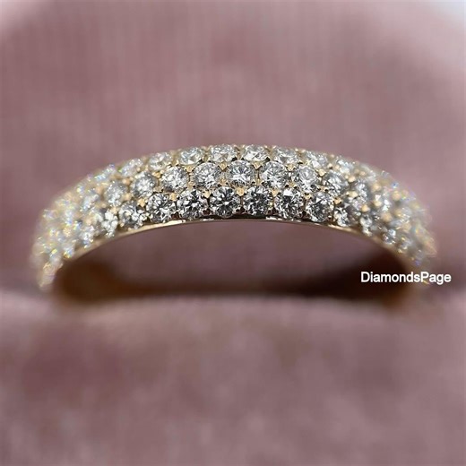 Micro Pave Setting Three Row Diamond Band, 1.50mm Round Brilliant Cut Moissanite Engagement Band, Half Eternity You & Me Band, 14k Gold Band - Etsy