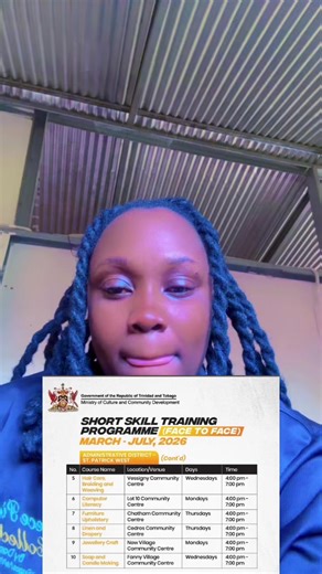 Community Development Programme – Hair Care, Braiding & Weaving I will be the tutor for the Hair Care, Braiding and Weaving course with Community Development. 📍 Location: Vessigny Community Centre 📅 Every Wednesday ⏰ Time: 4:00 PM – 7:00 PM Registration opens Monday 9th March, 2026. Interested persons must register through the Community Development Facebook page once the registration link is posted. Spaces usually fill quickly, so please register early. If there are any changes or updates, I w