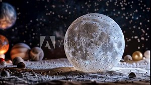 Realistic moon model with planets in outer space