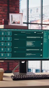 AI LLM chatbot answering user prompts using predictive technology in home office. Computer setup in apartment workspace using large language model program with artificial intelligence