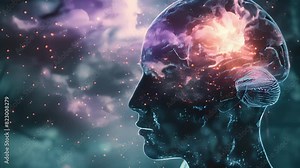 An illustration of a persons head split open revealing a digital brain scan with AI algorithms superimposed on top capturing the intricate and complex process of disease diagnosis in.