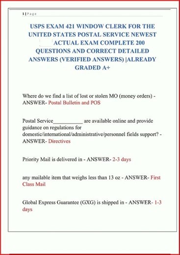 Usps Exam 421 Window Clerk For The United States Postal Service Newest Actual Exam Complete 200 Que