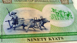 Burma Myanmar Kyat 90 Banknotes, Ninety Myanmar Kyat, Close-up and macro view of the Myanmar Kyat, Tracking and Dolly Shots 90 Myanmar Kyat banknote Observe and Reserve Side, Myanmar Kyat Money
