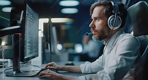 Focused Programmer Working Late at Night with Headphones and Code on Screen