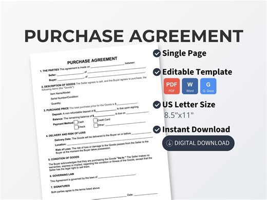 Purchase Agreement Template | Editable Bill of Sale for Goods, General Sales Contract, PDF, Word, Google Docs Form - Etsy