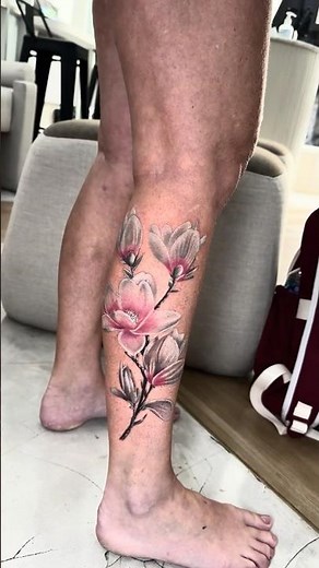 🌸 Floral Calf Tattoo | Magnolia Flower Black & Grey with Soft Pink Accents