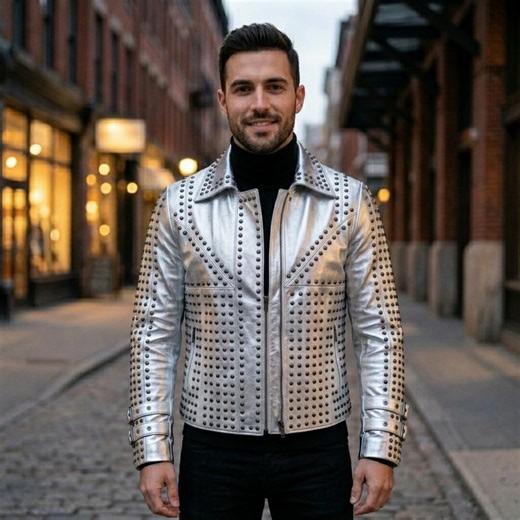 Men's Studded Silver Leather Biker Jacket, Punk Rock Spiked Moto Coat - Etsy