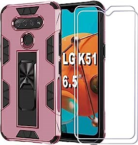 Folmeikat Compatible with LG K51/Q51 Case, Screen Protector [2Pack] Invisible Bracket Shock Absorption Reinforced Corner Soft PC+TPU Two-in-One Dual Protection Silicone Case 6.5" (Rose Gold)