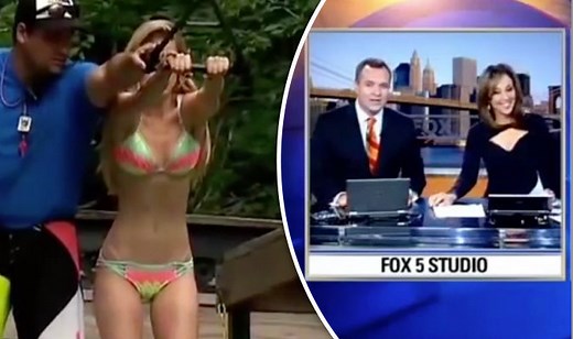 Presenter dons TINY bikini for news broadcast from waterpark