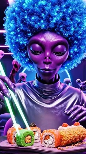 The alien girl tries different types of sushi