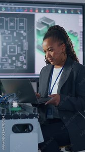 Black Developer Typing at Laptop while Programming Robotic Arm at Laboratory. Woman Coding with Concentrated Face. Computer Language and Programming Concept. Vertical Video