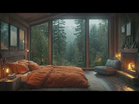 Relaxing Forest Bedroom | Rain Sounds & Warm Fireplace Glow