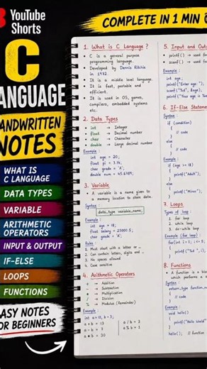 C Language Handwritten Notes 📒 | Learn C Programming in 1 Minute | Beginners Guide #shorts