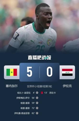 塞内加尔5:0大胜伊拉克-2026美加墨世界杯 塞内加尔VS伊拉克 北京时间6月27日凌晨，2026年美加墨世界杯I组第三轮，塞内加尔队在多伦多BMO球场以5-0大胜伊拉克队，保留了小组出线希望；伊拉克队则三战皆负，黯然出局。 比赛进程 开场闪击：比赛第4分钟，塞内加尔队利用角球机会由哈比卜·迪亚拉头球破门，取得梦幻开局。人数劣势：第13分钟，伊拉克队中卫苏尔卡因对马内犯规被红牌罚下，球队陷入少打一人的困境。下半场爆发：下半场，塞内加尔队火力全开。第56分钟，伊斯梅拉·萨尔进球扩大比分。随后，替补登场的帕普·盖耶连入两球，完成梅开二度。第82分钟，伊利曼·恩迪亚耶远射破门，将比分锁定为5-0。 比赛数据与评价 全面压制：全场比赛，塞内加尔队在数据上全面占优，控球率高达68%，射门次数28次，射正12次。关键人物：替补登场的帕普·盖耶凭借2射1传的出色表现，当选本场比赛的最佳球员。 小组出线形势 塞内加尔队：凭借这场大胜，塞内加尔队小组赛积3分，净胜球为 2，位列小组第三。在“成绩最好的小组第三”排名中，他们超越了韩国队，暂时位列第五，仍有机会以小组第三的身份晋级淘汰赛。伊拉克队：伊拉克