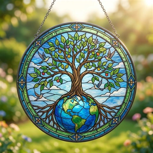 Tree of Life Earth Stained Glass Suncatcher Nature Window Hanging Spiritual Decor Gift - Etsy
