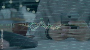 Holding smartphone, person with financial data processing animation over graph