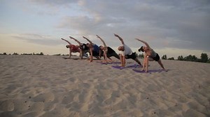 Mixed race group of people exercising yoga healthy lifestyle fitness warrior poses. Concentration.