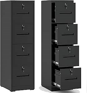4 Drawer File Cabinet,Vertical Filing Cabinet with 4 Lockable Drawers,Black Metal File Cabinet for Home Office,Heavy Duty Steel File Cabinets for A4/Letter/Legal Size File,Assembly Required