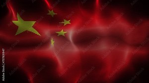 Chinese flag waving in the wind on black background. Concept of patriotism, symbol of statehood and national identity. Flapping China flag made of wavy bright digital pixelated lines, 4K looped video