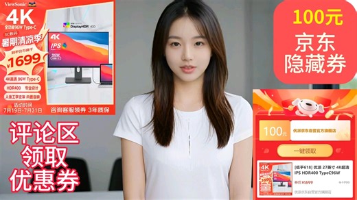 [低于618] 优派 27英寸 4K超清 IPS HDR400 TypeC96W 10bit 旋转升降 微边 广色域电脑显示器27 VG2781-4K