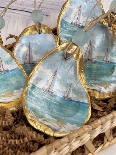 Sailboat Oyster Shell Ornament: Gold Accent Coastal Decor - Etsy