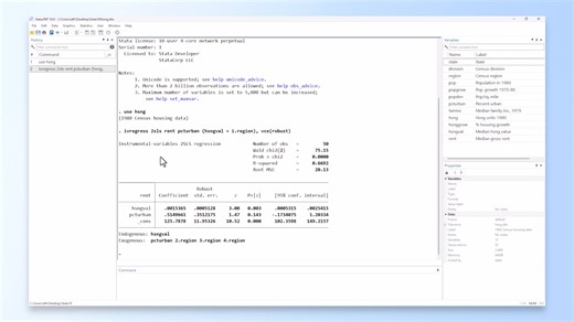 With the new 𝗲𝘀𝘁𝗮𝘁 𝘄𝗲𝗮𝗸𝗿𝗼𝗯𝘂𝘀𝘁 command after 𝗶𝘃𝗿𝗲𝗴𝗿𝗲𝘀𝘀, you can perform Anderson–Rubin or CLR tests, compute confidence intervals for a single endogenous regressor, obtain statistics for robust standard errors, and more. Watch the full walkthrough: https://youtube.com/watch?v=rNaWwNHseFc #Stata #Stata19 #StataTip #StataCommunity #DataScience #StatisticalAnalysis | Stata