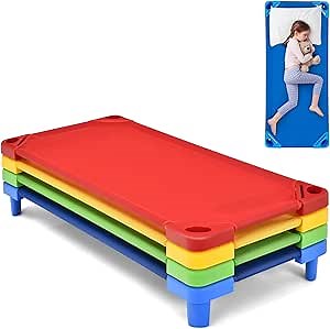 KOTEK Toddler Naptime Cot, Stackable Daycare Sleeping Cot for Kids, 51" L x 23" W, Ready-to-Assemble, Space-Saving Kids Nap Cots for Children Classroom Preschool (Set of 4, Multicolor)