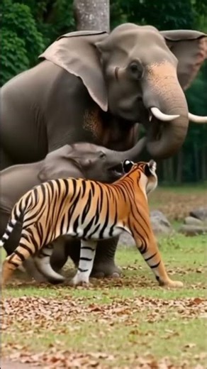 Elephant coming on time attacked a tiger to save her caft