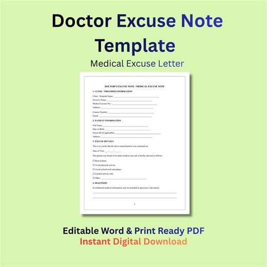 Doctor Excuse Note Template Medical Excuse Letter for Work & School Physician Note Printable Sick Leave Form - Etsy