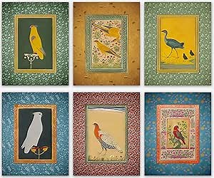 Vintage Bird Poster - Set of 6 Vintage Birds Persian Wall Decor / Cute Decor of Birds, Antique Style Persian Miniature Bird Home Decor / Persian Bedroom Wall Art & Home Office Decoration Gifts Idea (12x16)