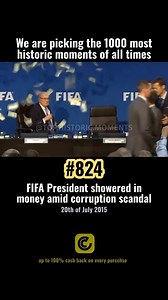 On the 20th of July 2015, British comedian Simon Brodkin interrupted a FIFA press conference in Zurich by throwing a bundle of dollar bills over President Sepp Blatter. The prank occurred amid the escalating 2015 FIFA corruption scandal, with U.S. indictments against officials for bribery and racketeering. #fifa #football #tophistoric #crash #ad #brodkin #comedian #corruption #happening #clash | Historic Moments