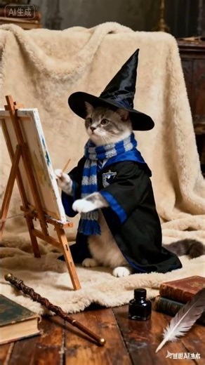 A Cat in a Magic Academy Uniform Painting Calmly#cat #art #cute