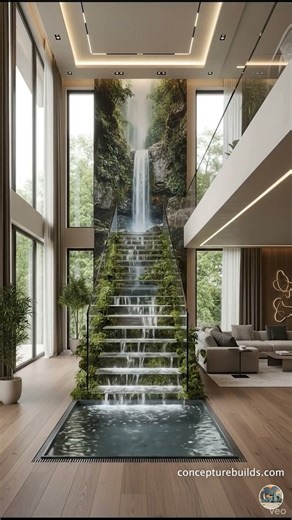 Interior Staircase Waterfall inside an American style house #interior #architecture