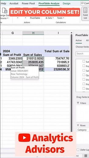 Modifying Column Sets in Excel Pivot Tables #shorts