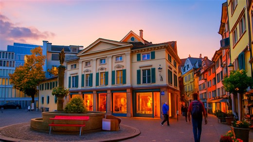 夜の灯りが灯るチューリッヒを歩く