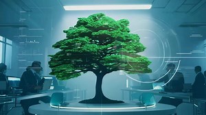 Tree holographic model in modern lab laboratory eco research leaf leaves plant sustainable science virtual reality illuminated glowing oak biotechnology life green energy 3D AI data vital