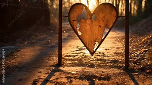 A rusty gate casts a heartshaped shadow on a worn path, created by the sun setting behind it. Stock Video