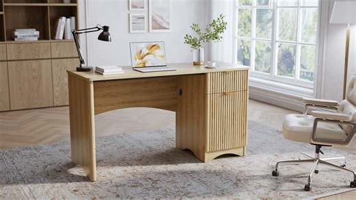 Bestier 47" Computer Desk with Drawer, Modern Home Office Desk with Storage Cabinet, Fluted PC Study Writing Desk for Small Spaces, Brown Oak