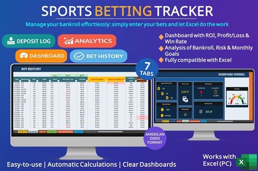 Sports Bet Tracker Excel - Betting Bankroll & ROI Spreadsheet - Digital Download - Etsy