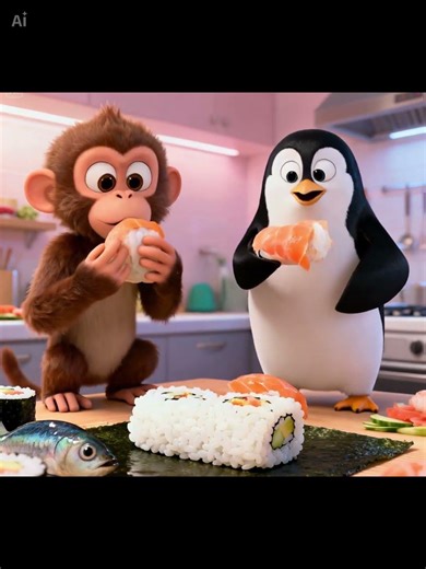 Pippin & Milo’s Sushi Surprise! 🍣🐧🐒 | Cute Pixar-Style Cooking Chaos