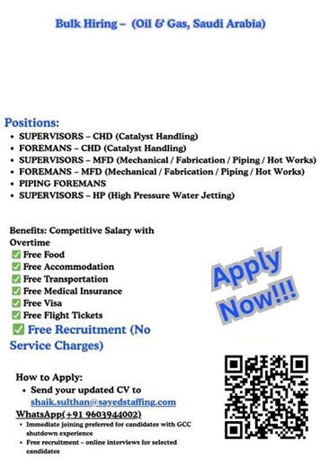 Mass Hiring 2026 | Mechanical & Chemical Engineers | Piping Supervisor | Fabrication Foreman Jobs