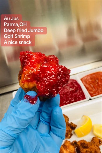 At Au Jus in Parma,Ohio. We like trying out different items. This was a fresh jumbo gulf shrimp, bettered & deep fried with 3 types of sauce. Aka a real smooth eat. #parmaohio #foodincleveland #aujuscle #clevelandscenemagazine #clevelandohio @Lickety Nicks LLC @Astro Bros Ice Cream @Zawie @Cathlien @106th📍 @Superior Pho @Subway @nemo @Swensons @Arbys