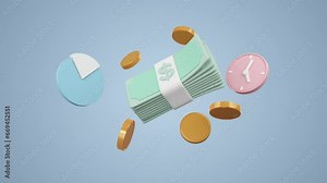 3D Animation of Bundles cash and floating coin, online payment and money saving concept,business bank, finance, investment.